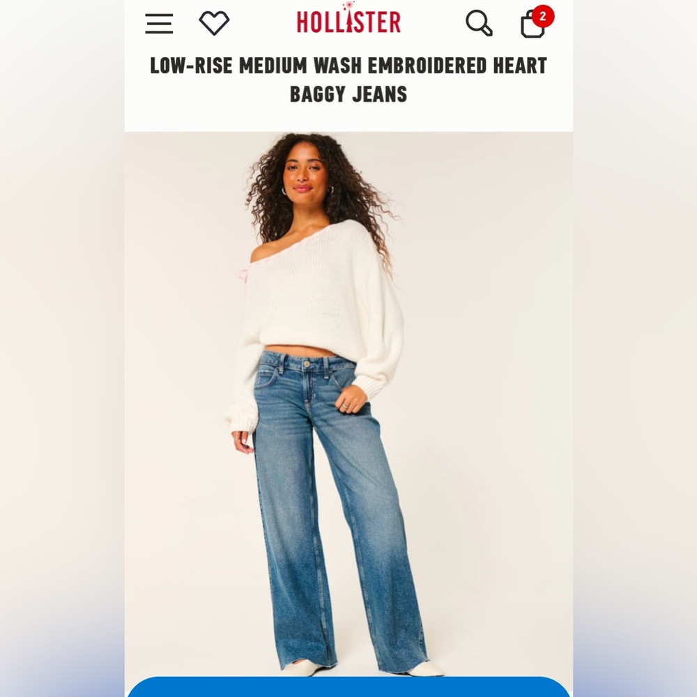 NWT Hollister Low-Rise Medium Wash Embroidered *BOW* Baggy Jeans SZ 8/29 regular